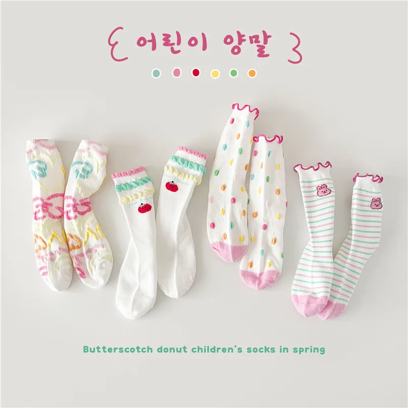 Little Girls Socks Cute Cherry Flowers Socks Autumn Spring Cotton Socks Ruffle Socks 4 Pairs