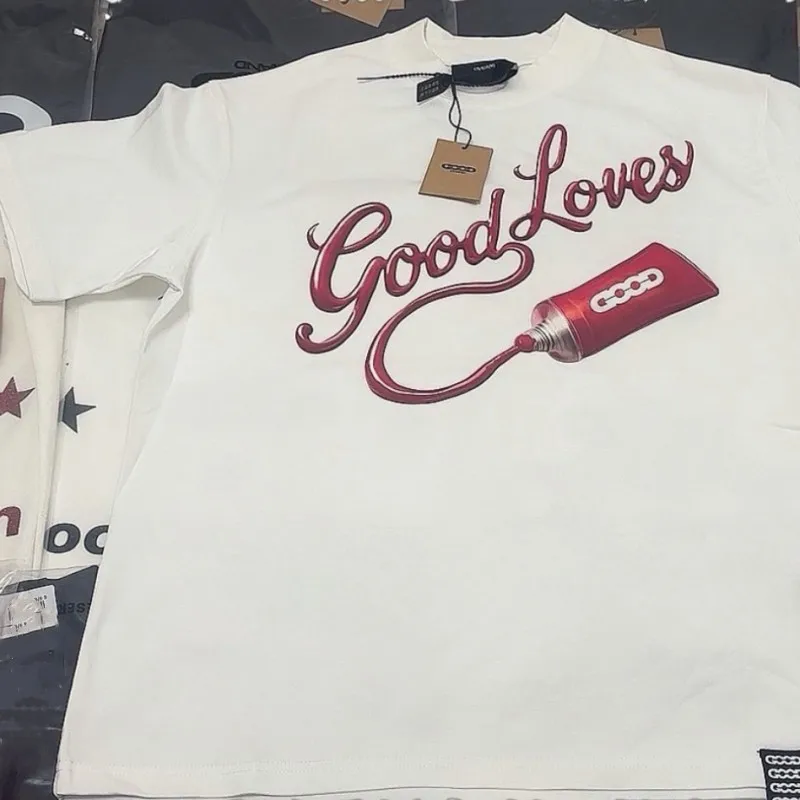 Men Women GOODBRAND Tshirts Red Dye Paste Squeezes Letters Cotton Round Neck Short Sleeve Black White Couple Casual Streetwear