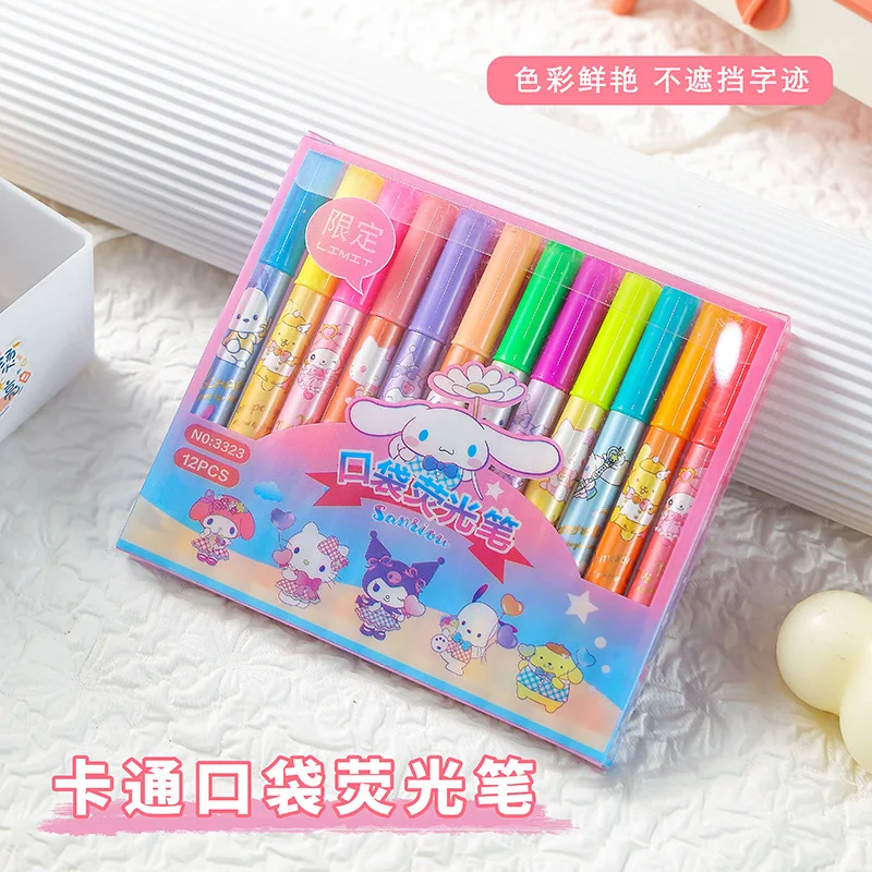 

12pcs/set Hello Kitty Double-ended erasable highlighter cute cartoon Kuromi My Melody marker colorful doodle drawing journal pen
