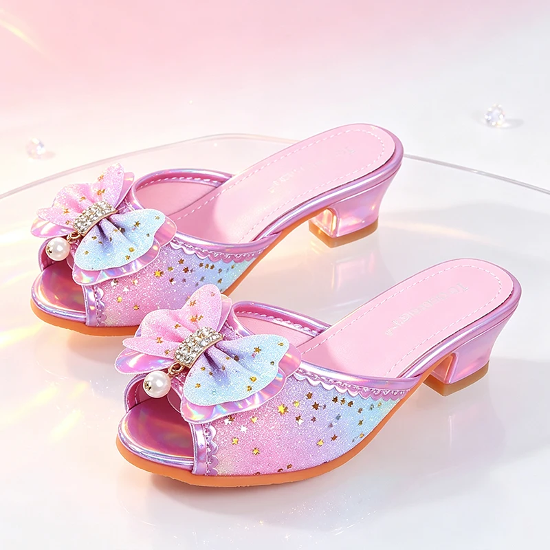 Fancy Little Girls Princess Slide Heeled Slippers Summer Kids Shiny Rainbow Elegant Party Cosplay Masquerade Children's Sandals