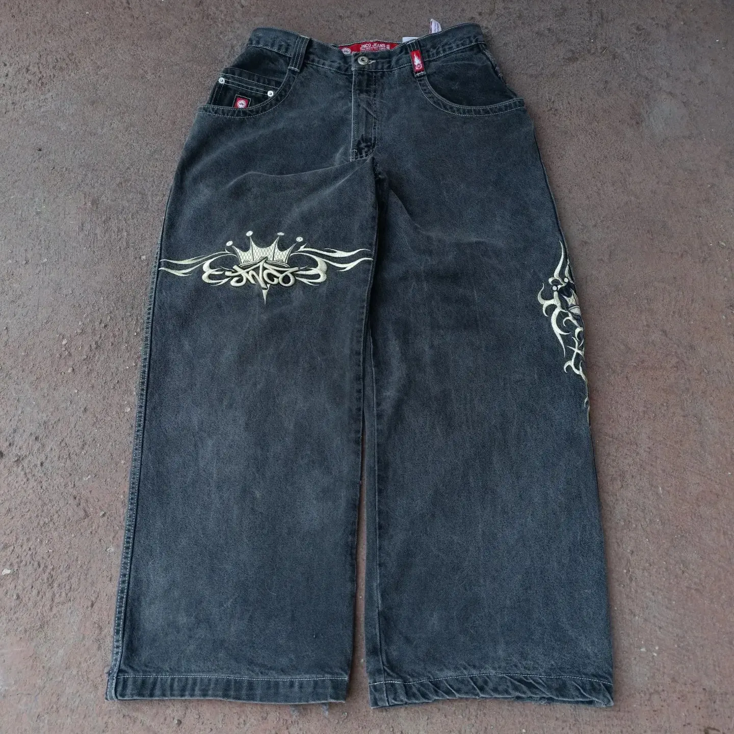 

Уличная одежда JNCO Jeans Y2K Ретро Хип-Хоп Ретро джинсы с вышивкой Мешковатые Черные Брюки мужские женские широкие брюки с высокой талией