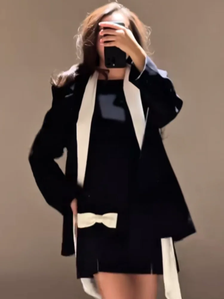 

Women Fashion Scarf Collar Blazer Coat Chic Full Sleeve Lapel V-neck Single Button Loose Coats Lady Daily Commute Street Jacket