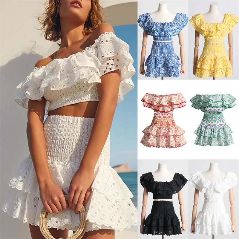 

Summer New French Style Style Auricularia Short Cut Out Top+High Waist Cake Layer Skirt Sexy Two Piece Set Spicy Girls' Dress