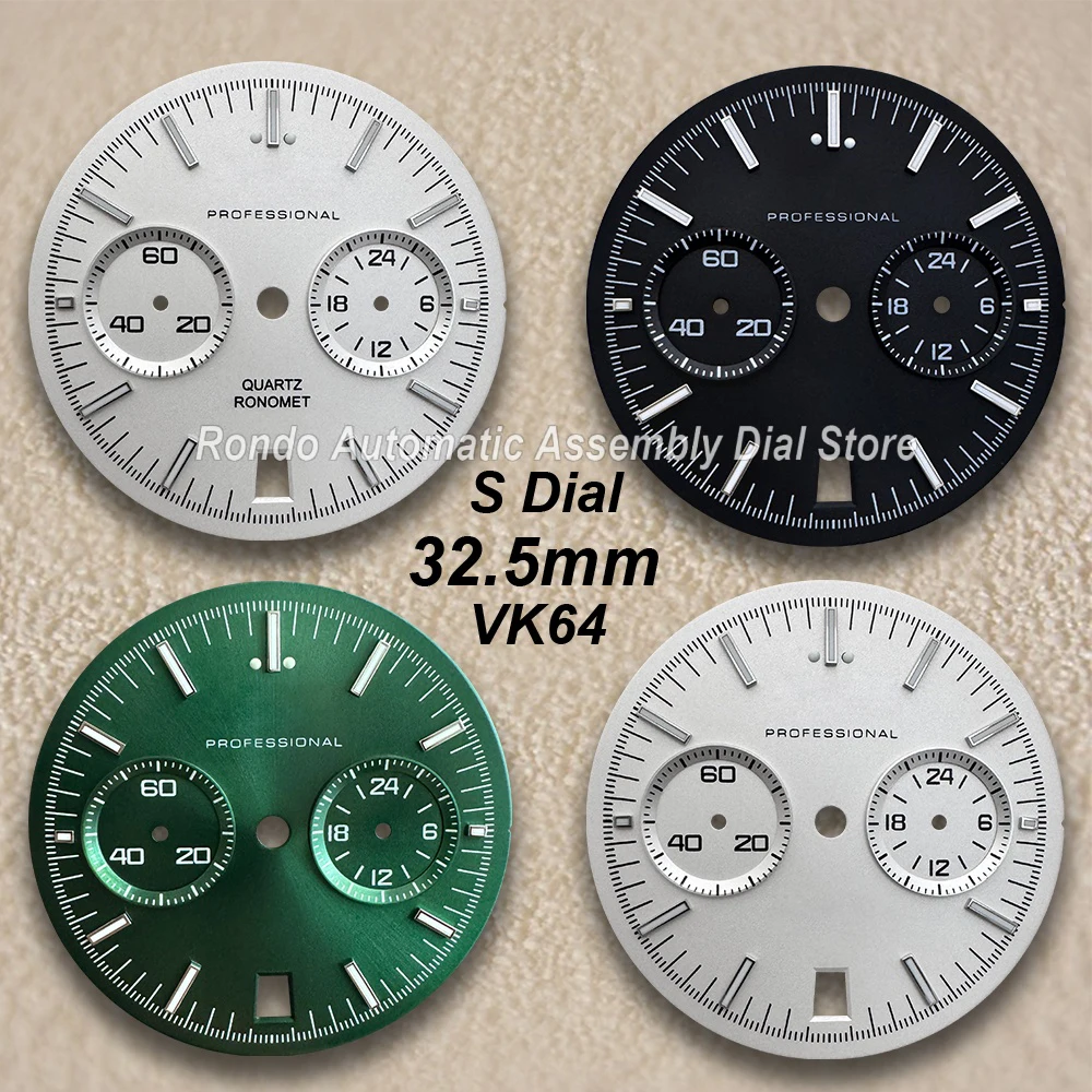 

32.5mm S Logo Speed Dial Fit VK64 Quartz Movement Green Luminous Matte Black/Green/White Watch Modification Accessories