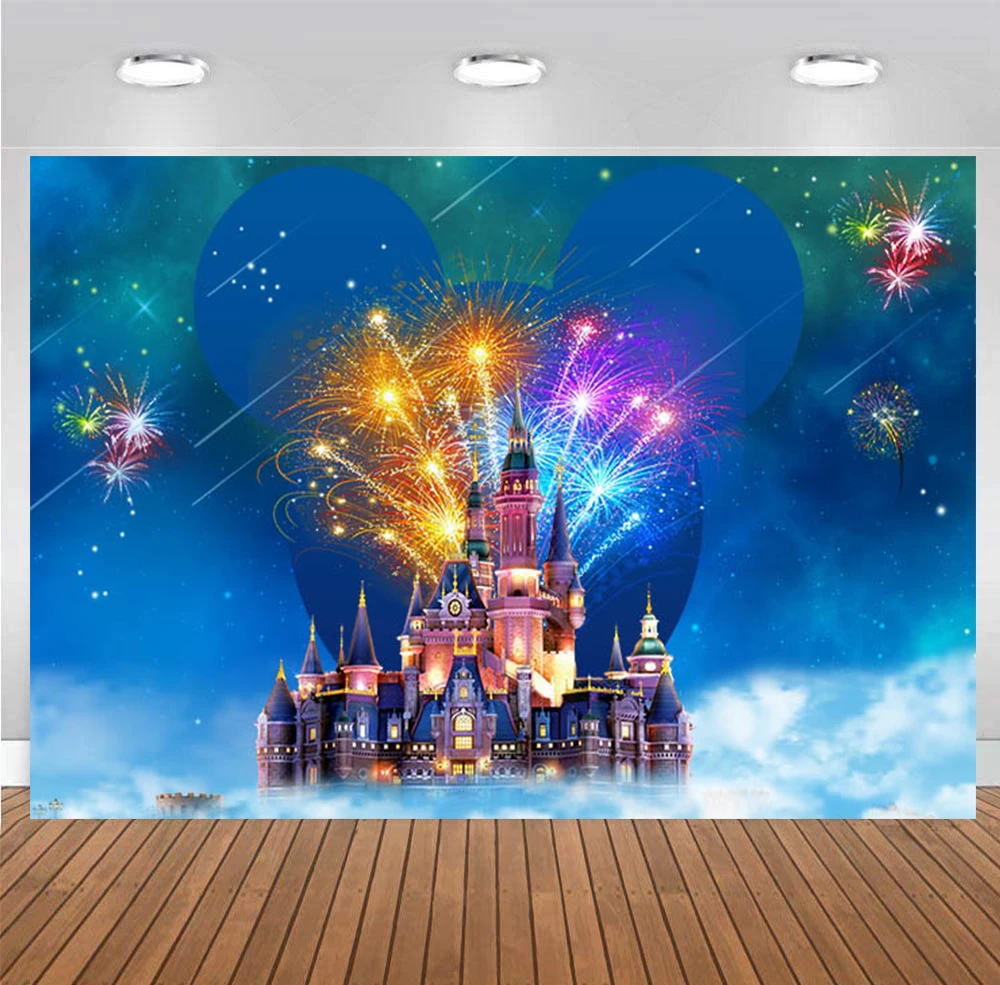 Dreamy Disney Princess Castle Backdrop Mickey Minnie Mouse Birthday Girls Party Fireworks Decorations Photo Background Banner