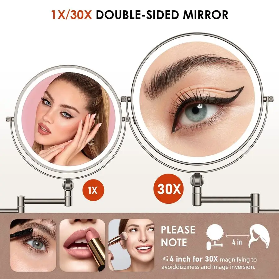 壁掛け照明付き化粧鏡、4000mAh充電式両面1X 30X拡大鏡ライト付き、タッチ調光、拡張機能付き