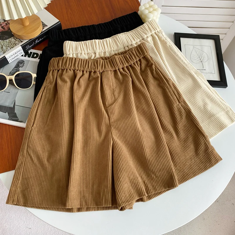 

Retro Corduroy Elastic Waist Wide Leg Five-Quarter Shorts Women's Versatile Autumn Winter High Waist Slimming Loose Boot Pants