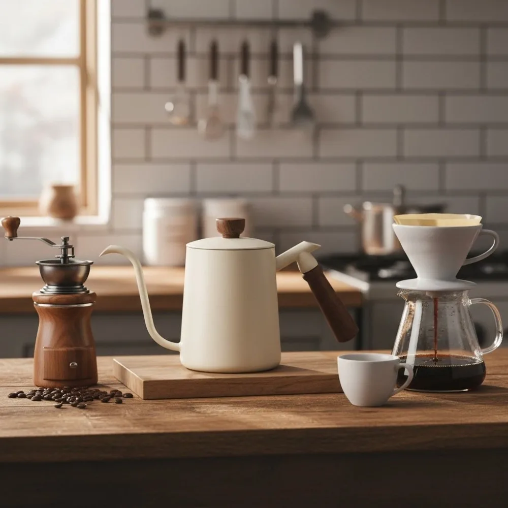 Wooden Handle Goose Neck Coffee Kettle 304 Stainless Steel Drip Port Pour-over Coffee Pot 600 ML with Scaled