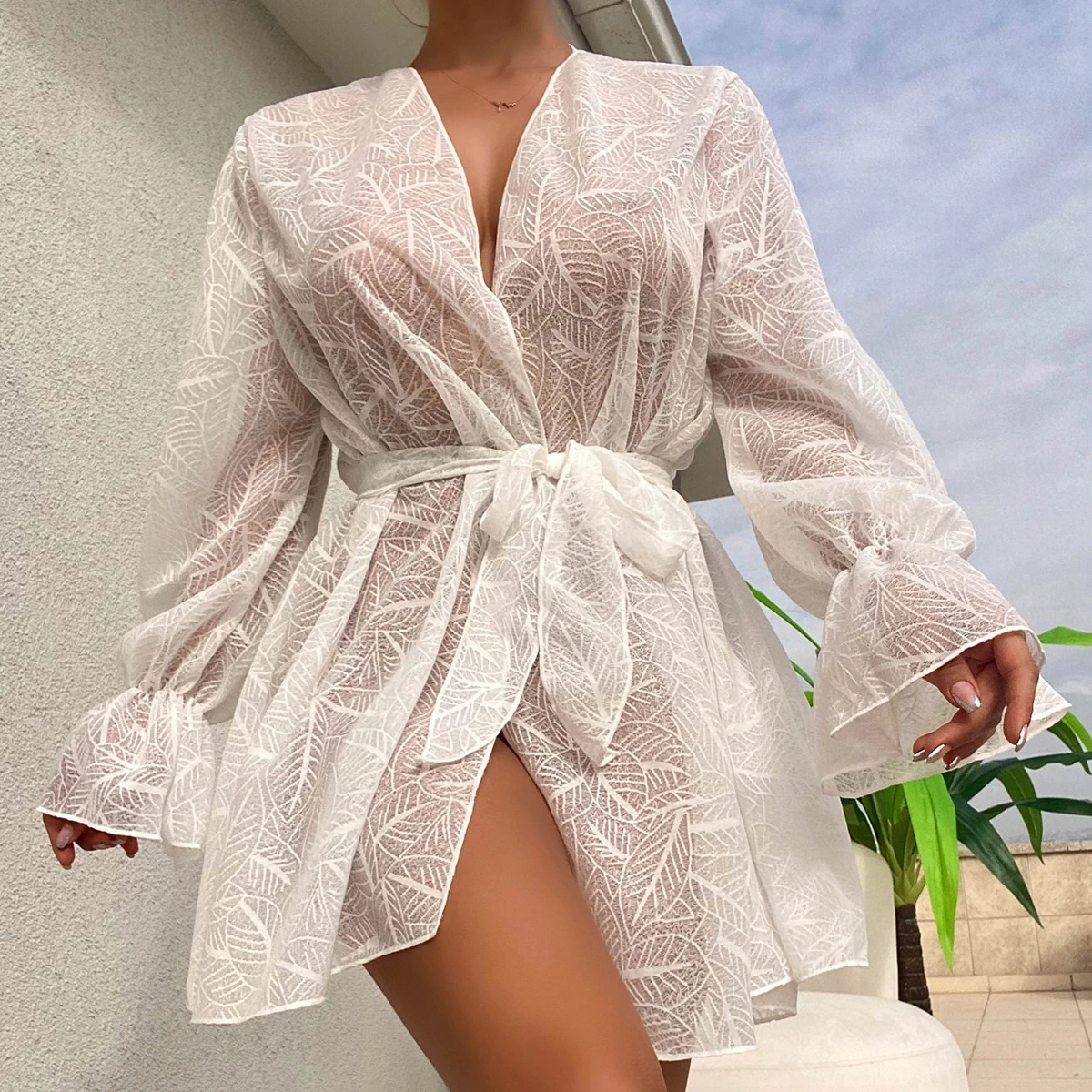 Bikini Cover Up Beach Kimono Vrouwen Zomer Lange Mouwen See Through Shirt Beach Coverup Badpak Zwemkleding Beachwear Wit