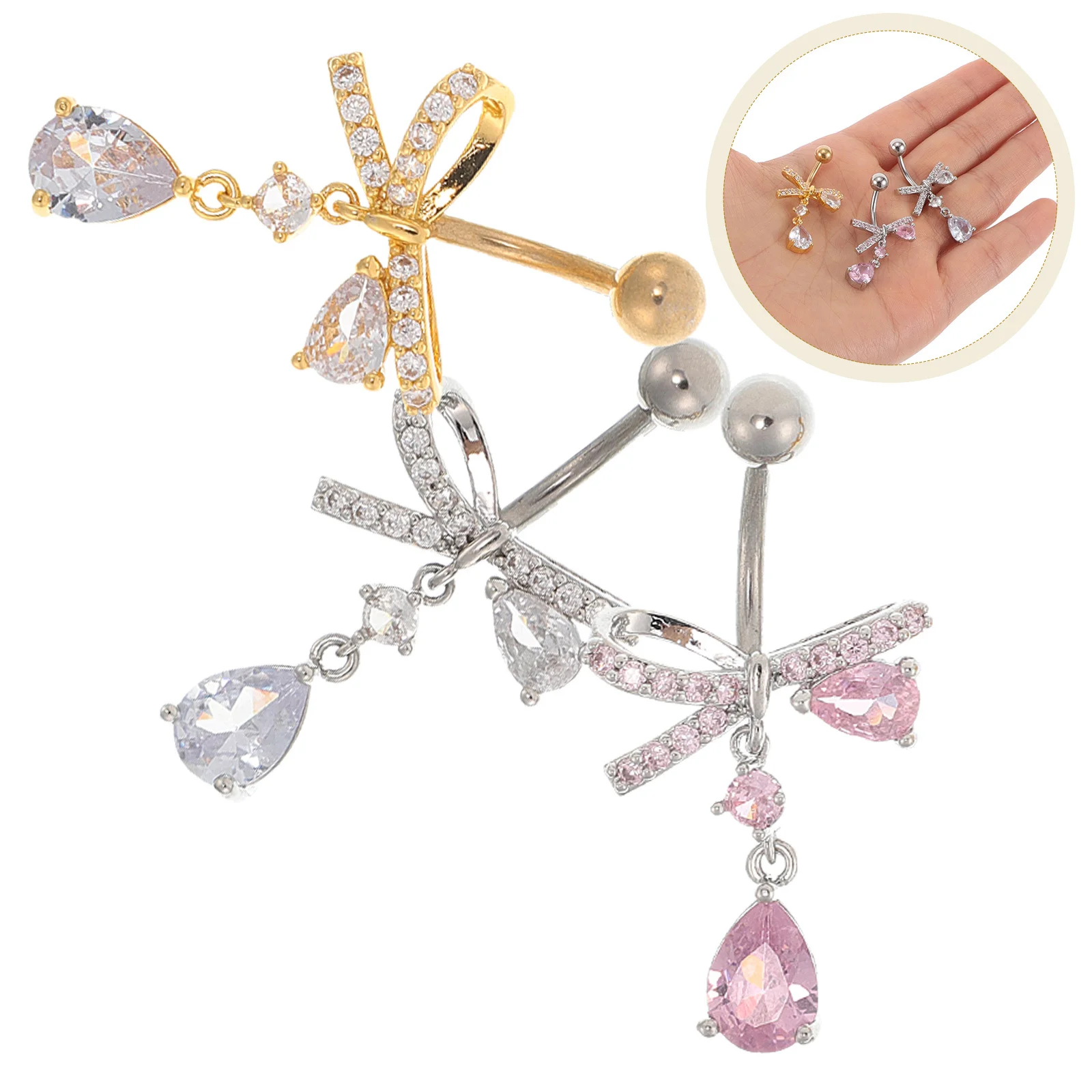 

3Pcs Bowknot Belly Button Ring Set Copper Plated Zirconia Navel Piercing Stylish Dangling Belly Rings Body Jewelry