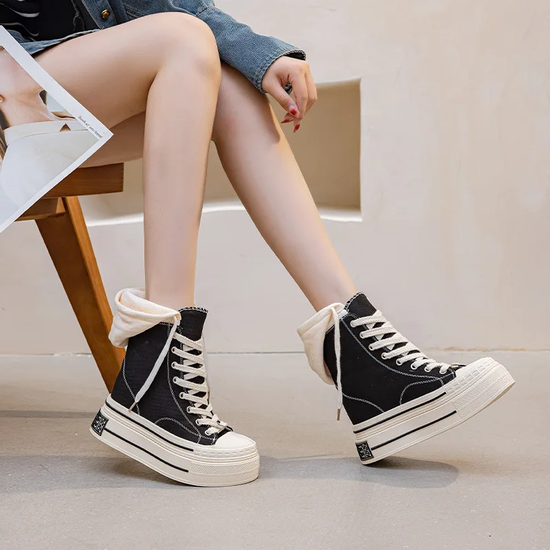 

Women's Canvas Shoes Spring New Thick Bottom High Top Platform Casual Versatile Trendy Invisible Inner Heightening 12cm