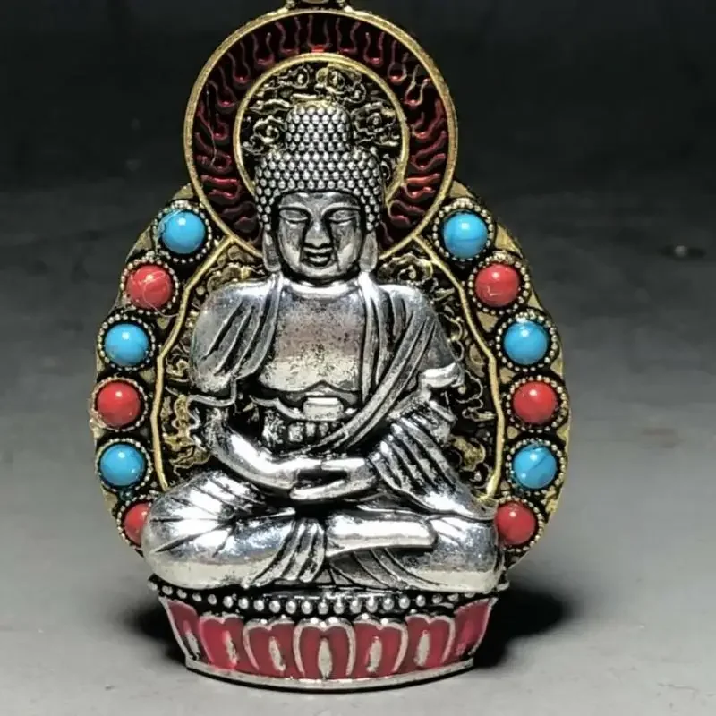 

Exquisite Old Chinese Tibet Silver Inlay Gem Handmade Buddha Pendant