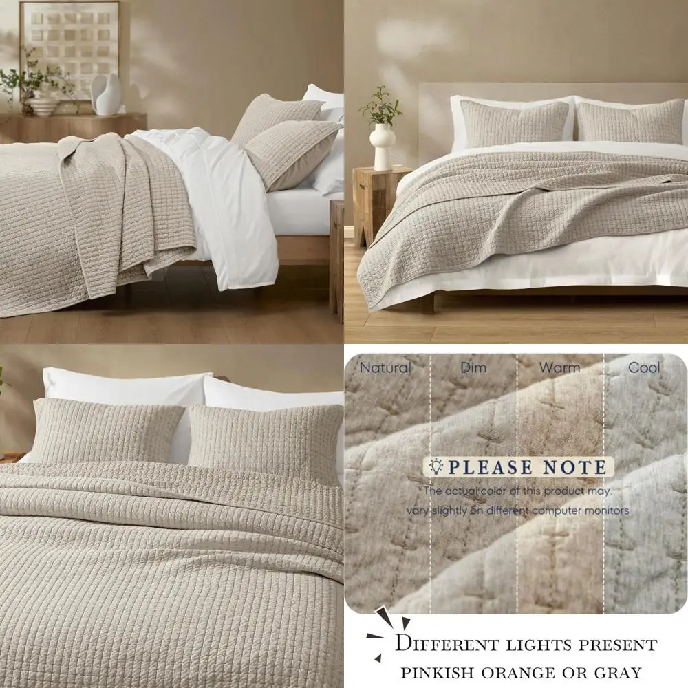 

Apricot Beige Queen-Sized Cotton Jersey Quilt with Rice Stitch Pattern and Two Pillow Shams - Plush and Breathable