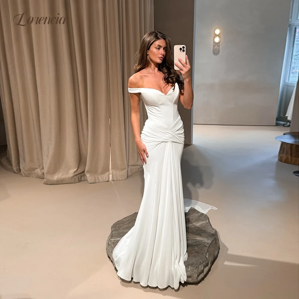 Lorencia Simple Crepe Mermaid Wedding Dresses Off the Shoulder Basque Fitted Bridal Gowns Customized Minimalist Bride Dresses