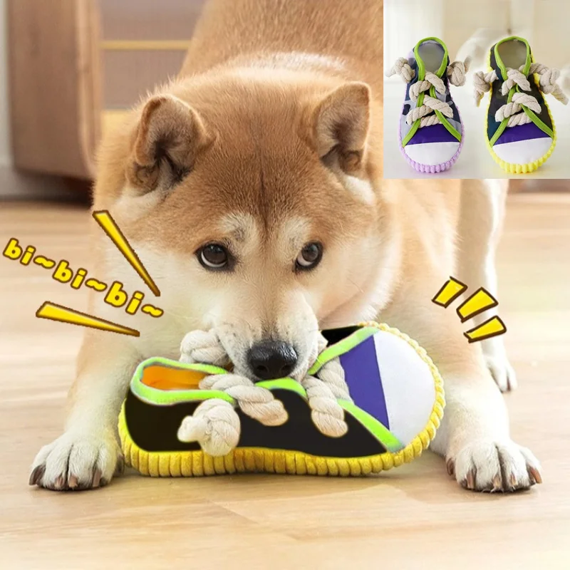 Canvas Shoe Shaped Dog Chew Toy with Cotton Knotted Rope Built-in Squeaker Anti-Bite Teeth Grinding Interactive Molar Play Suppl