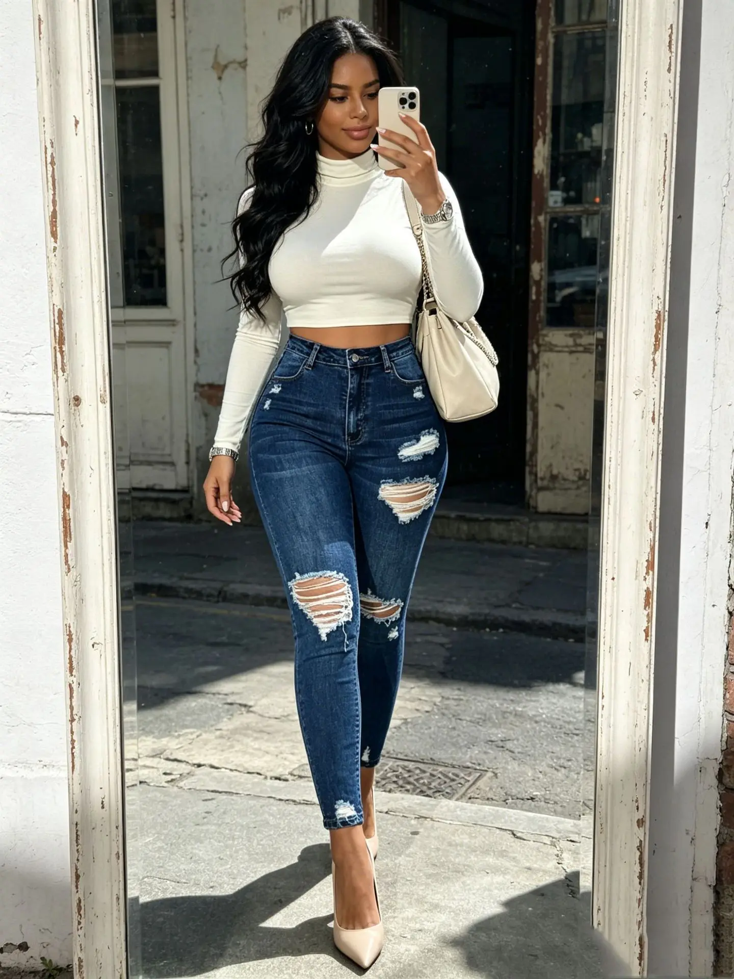 2026 Destroyed Hole Denim Jeans Woman Slim Fit High Waist Pencil Pants Vintage Washed Blue Denim Trousers Streetwear XS-XL