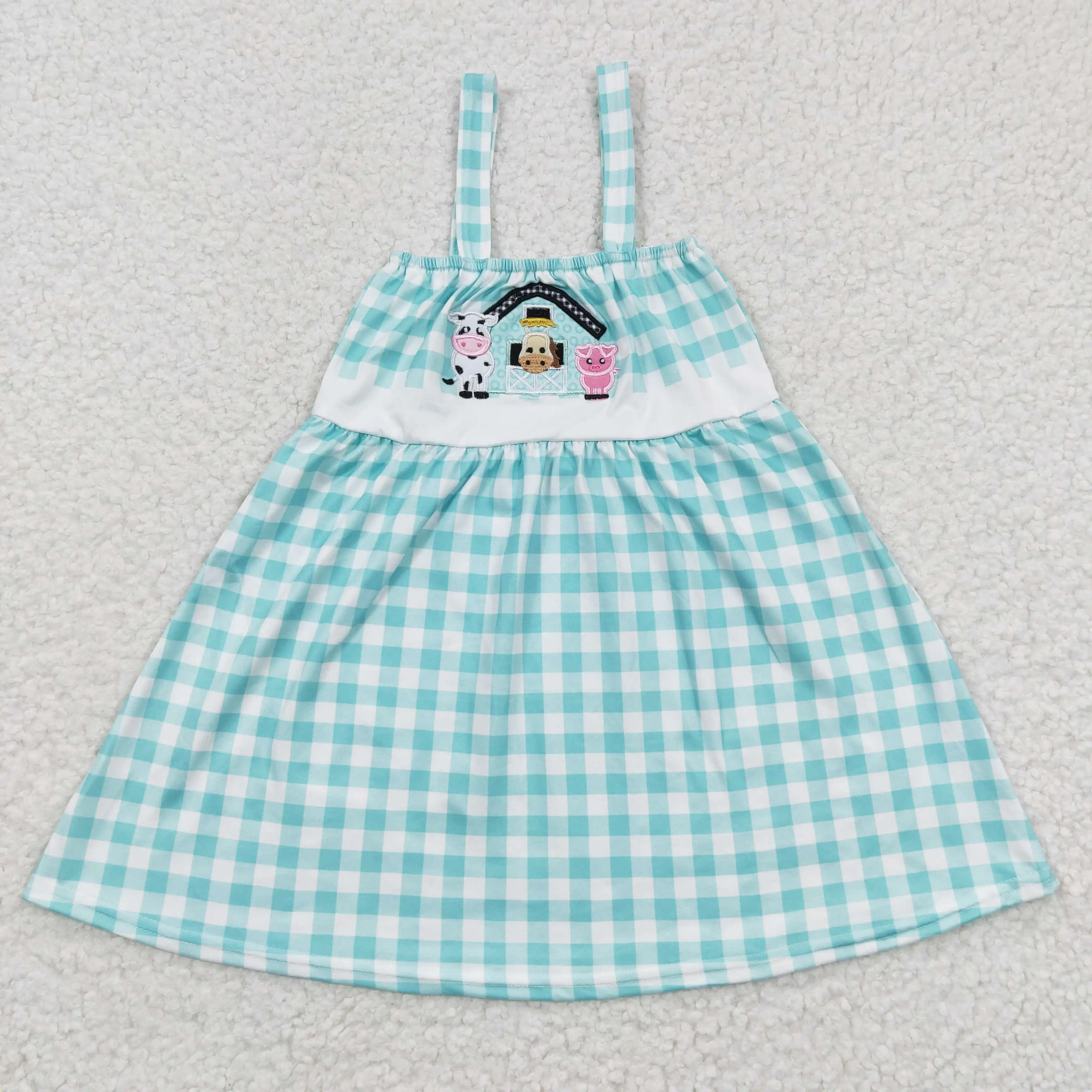 

GSD0269 Wholesale Summer girl dresses kids clothes girl Embroidered Farm Cows Blue Vest Dress Boutique baby girl clothes
