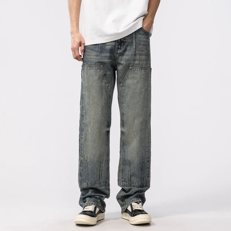 

men's spring retro work pants Loose straight-tire fashion street jeans men High Street Retro Casual Wide Leg Jeans