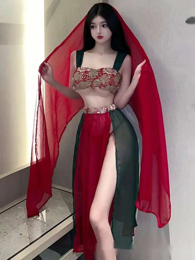 สไตล์จีนชุดยาวสีแดงแฟชั่นตาข่าย Sheer โปร่งใสเซ็กซี่ Hanfu Uniform Temptation โบราณสไตล์ผู้หญิงชุด 6GMW