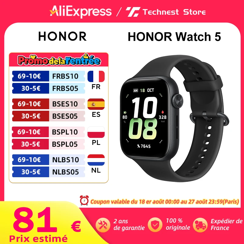Versione globale HONOR Watch 5 Smartwatch rilevamento GPS preciso scansione rapida della salute Display grande da 1.85 pollici GPS supportato IP68