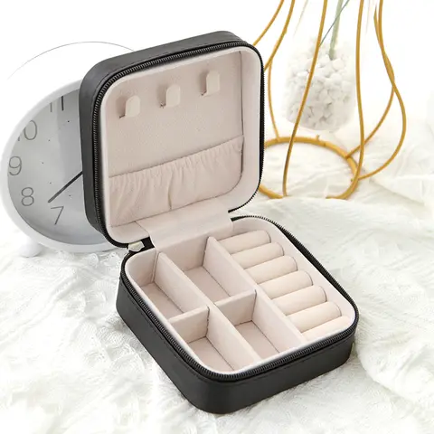 Travel Jewelry Organizer Box PU Leather - Compact Single Layer Case for Rings Earrings Necklaces - Portable Women's Storage