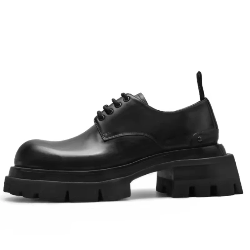 Men's Dress Shoes Casual Thick Bottom Height Increasing Round Head Derby Shoes Male Genuine Leather Grooms Wedding Oxford Shoes