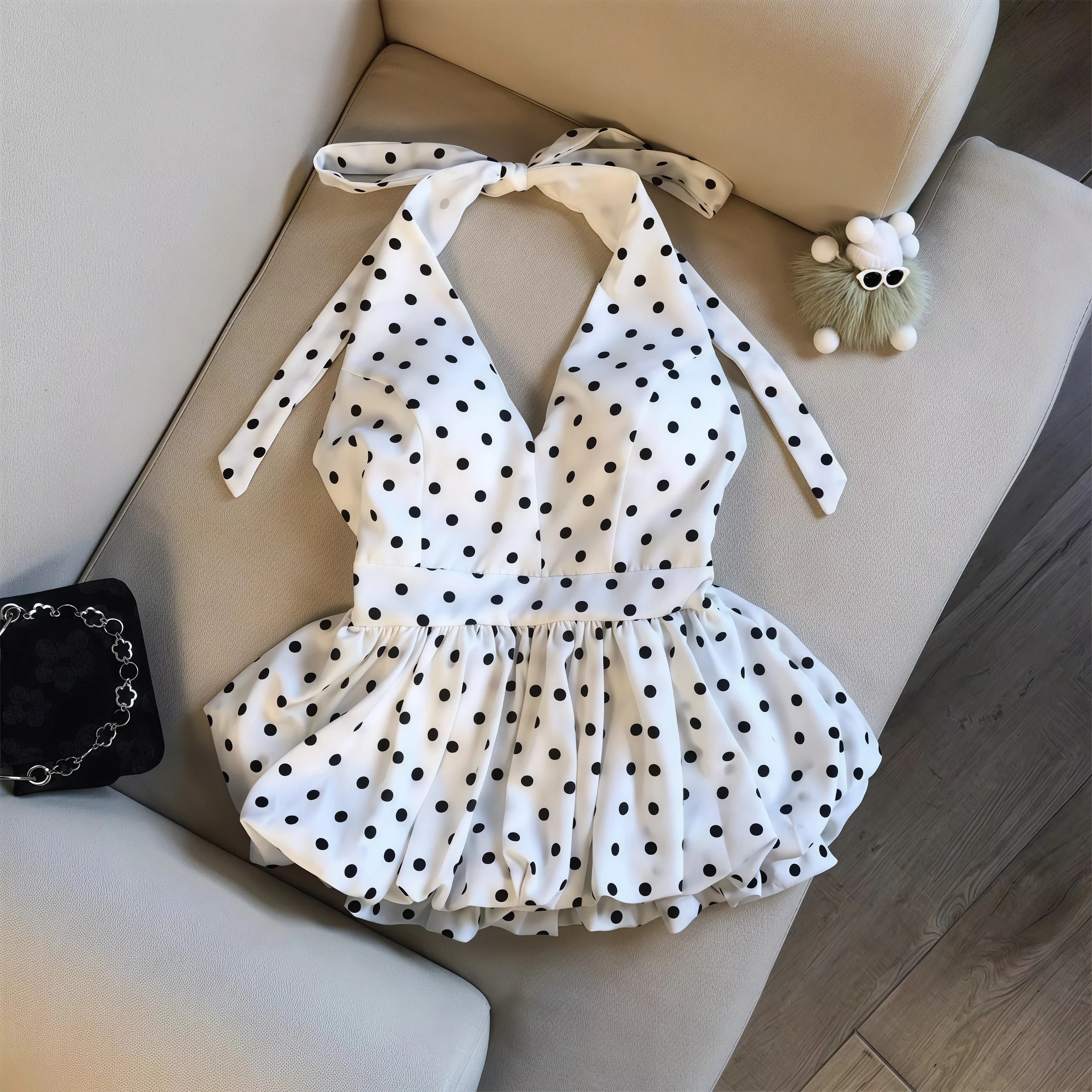 Women Polka Dot Halter Mini Dress V Neck Backless Tie Bow Ruffle Puff Skirt Summer Party Short Dresses Ladies Sundress