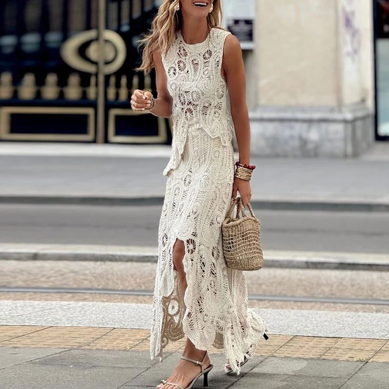 Sexy Lace Hollow Slim Women Suit Summer Vacation Beach Irregular Two Piece Set Fashion O-neck Sleeveless Vest Top + Skirt Outfit