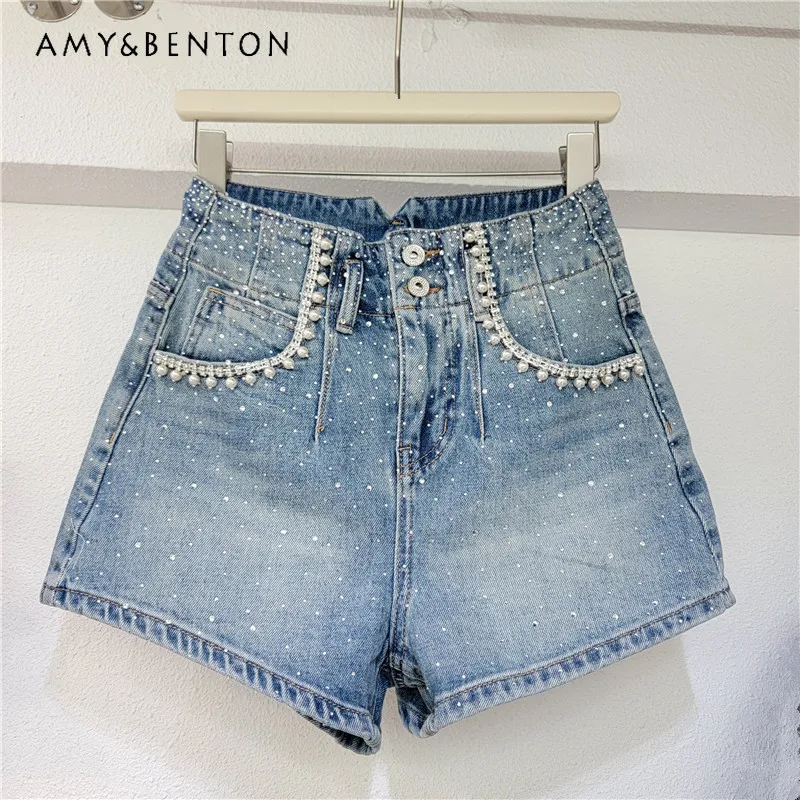 

European Goods Fashion Rhinestone Beaded Denim Shorts Women Summer New High Waist Slim Wide Leg Pants Hot Girl Sexy Shorts