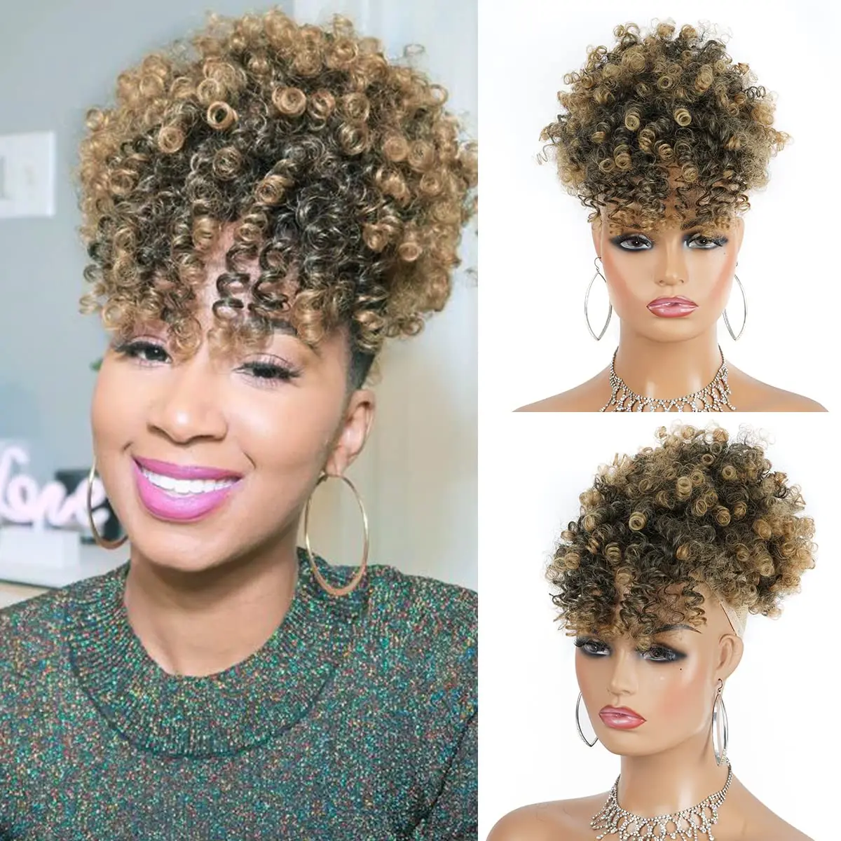 Sznurek kucyk z grzywką Afro Puff dla kobiet krótkie kędzierzawe kucyk z grzywką klips w Wrap Updo Ha