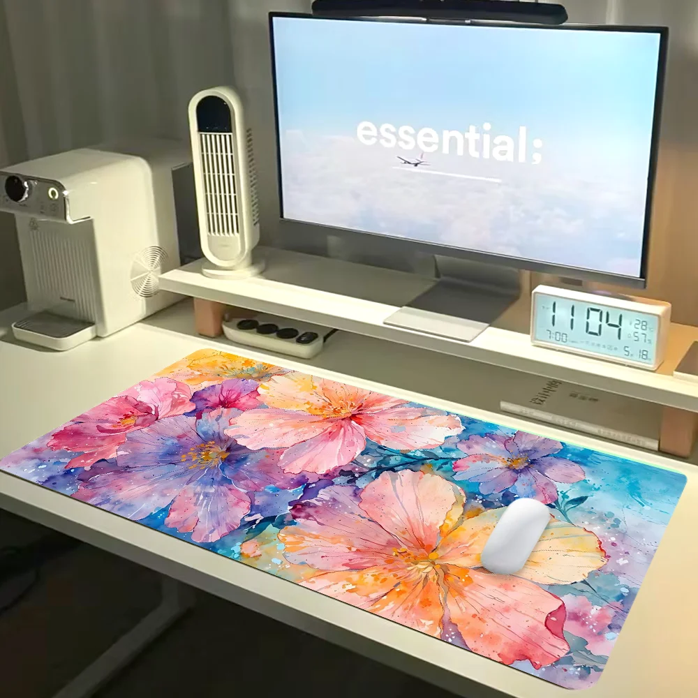لوحة ماوس ملونة على شكل زهور، ملحقات مكتبية كبيرة، قاعدة مطاطية مع لوحة ماوس بحافة مخيطة، لوحة مفاتيح مضادة للانزلاق للمنزل