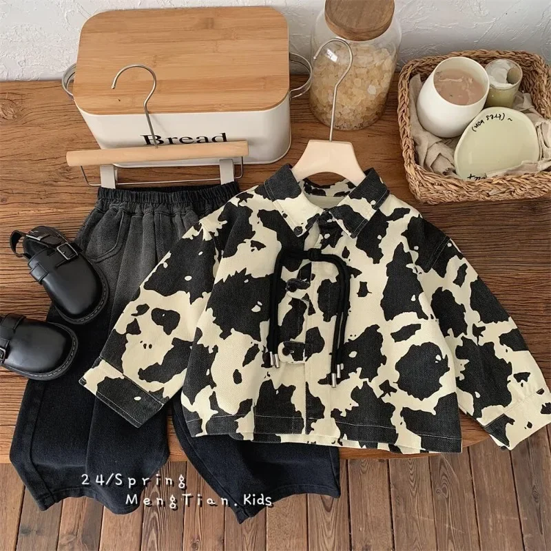 Children Clothing 2024 New Boys Girls Spring Autumn One Piece Color Blocking Top Loose Soft Fashion Turn-down Collar All-match