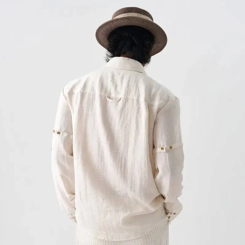 WVGA Summer New Men Heart-shaped Collar Color-Blocked Textured Trendy Long Sleeved Linen Shirt Niche Chic Casual Tops Ins W24737