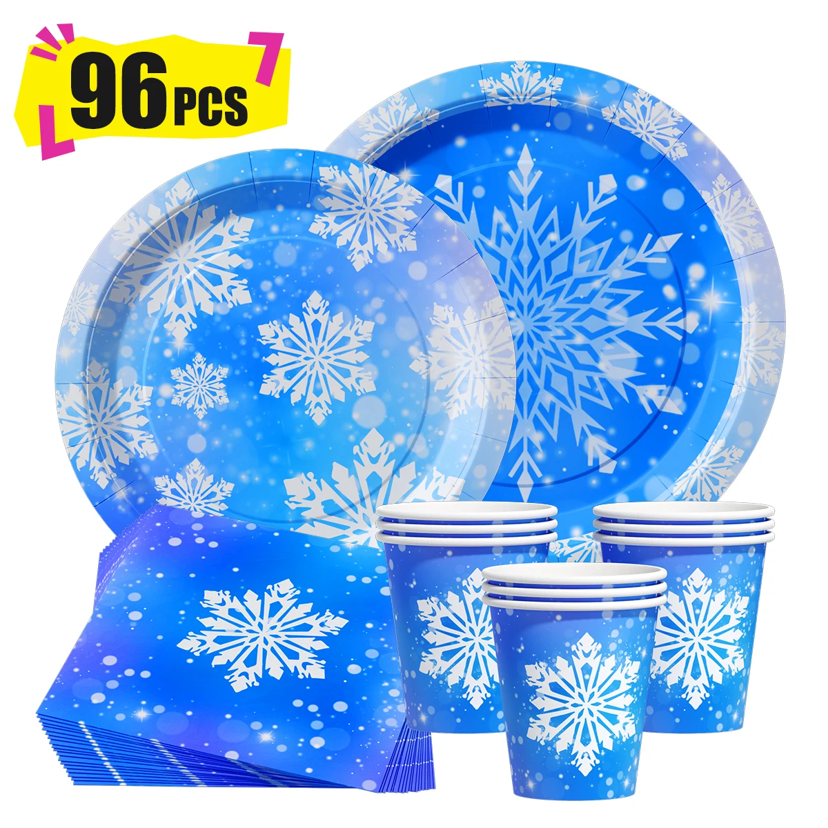 96pcs/set Snowflake Disposable Tableware Set Paper Plate Cup Wonderland Snow Theme Birthday Party Decor Supplies