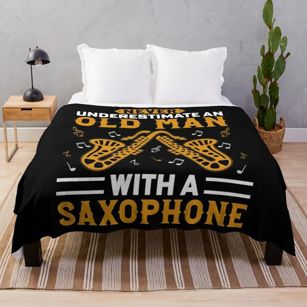 

Vintage Never Underestimate An Old Man With A Saxophone Throw Blanket Soft Plaid Decoratives warm winter Blankets