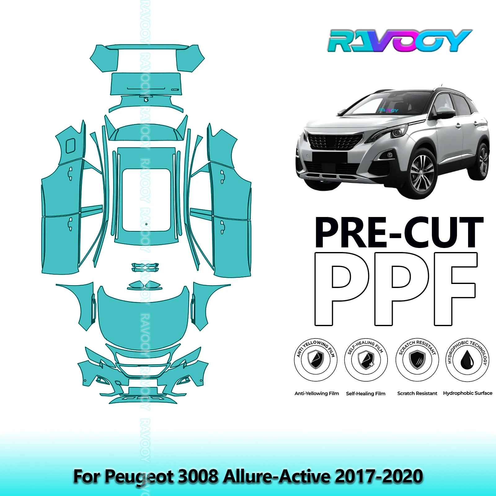 RAVOOY Custom-Fit Precut TPU PPF Full Vehicle Clear Bra Stone Guard EU UK For Peugeot 3008 Allure-Active 2017-2020