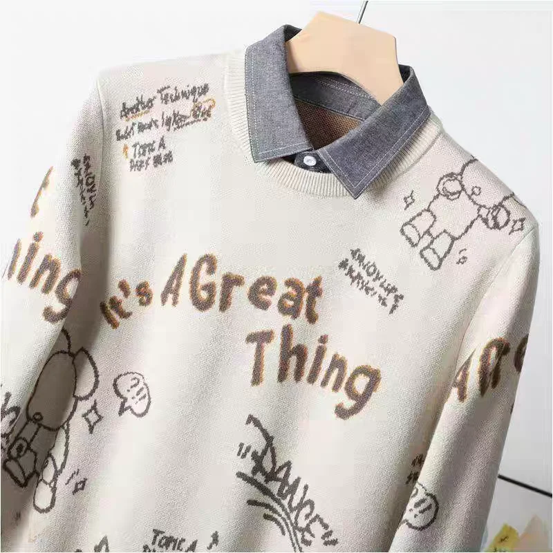 

Мужской удобный трикотаж с двойным воротником, морская серия, искусственный свитер из двух предметов с воротником, осенний повседневный свитер с точной вышивкой