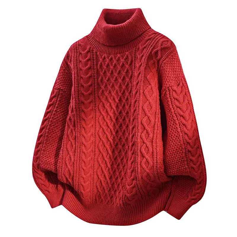 2025 الخريف الشتاء الرجال البلوزات سميكة غير رسمية الرجال بلون فضفاض الياقة المدورة سترة الذكور عالية الرقبة محبوك البلوفرات رجل