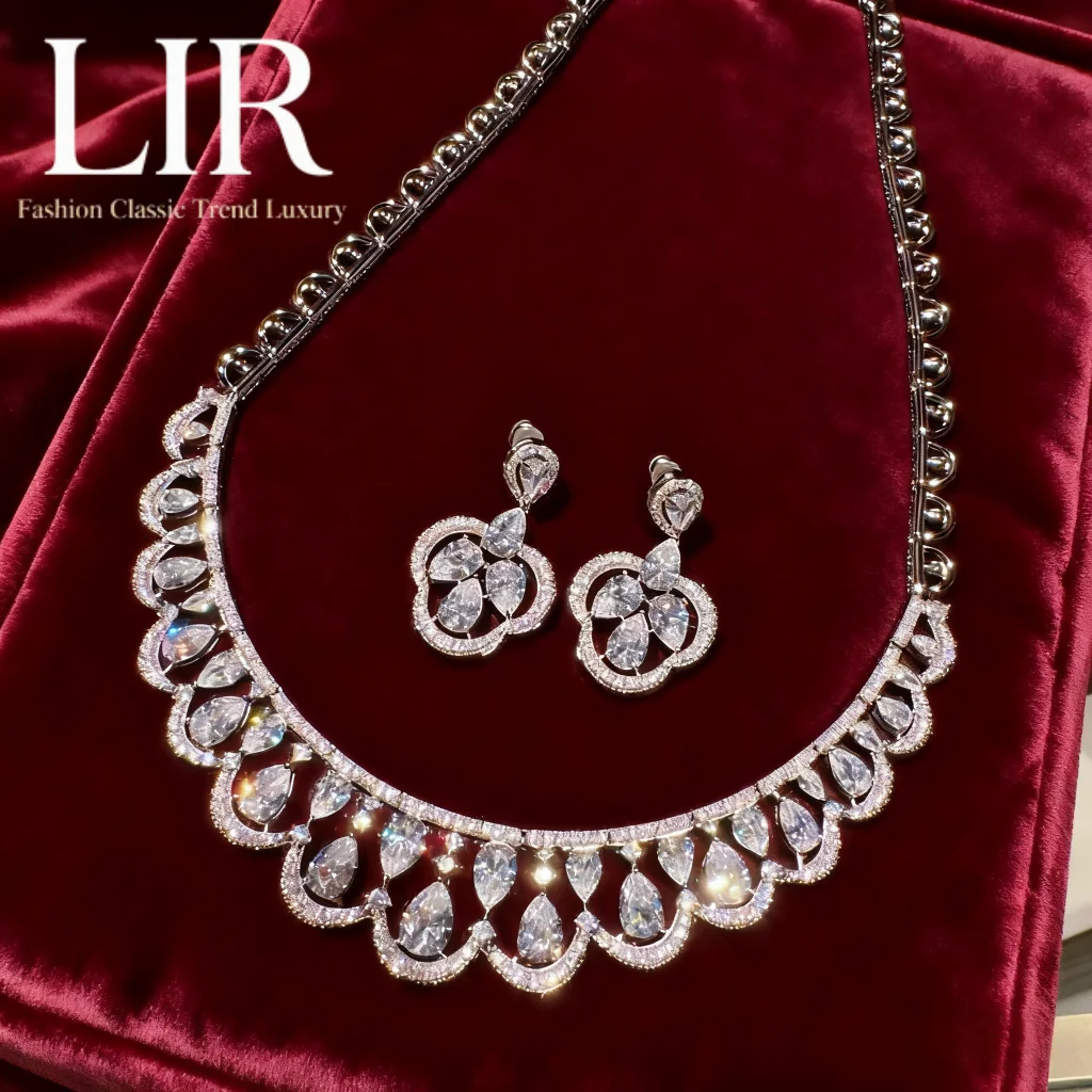 LIR Women's Custom Jewelry Set: Italian Vintage Court Petal Crown Gem Necklace, Sparkly Teardrop Wheat Zircon Earrings