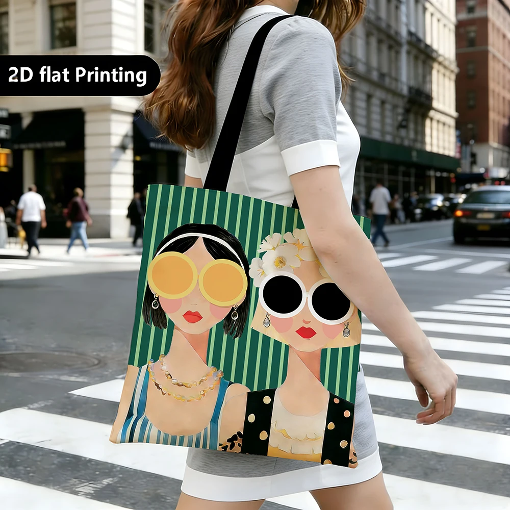 1pc vintage-style handbag, paired with fashionable sunglasses and green stripes, against a vibrant artistic background.  It offe