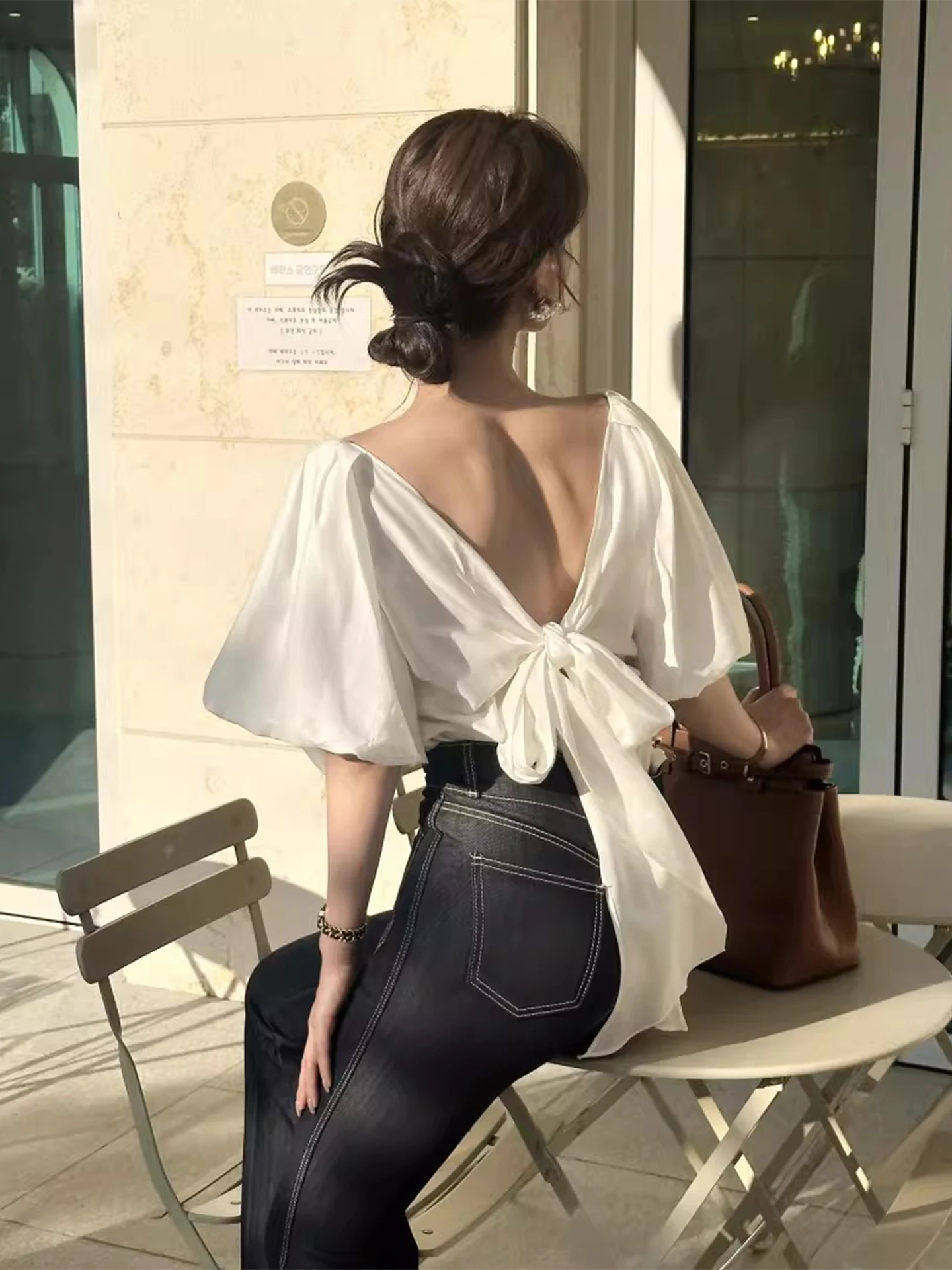 

Slimming Effect Summer Shirt Backless Big Bow Lantern Sleeve Chiffon Women's Top French Style Waist-Cinching V-neck Short Sleeve