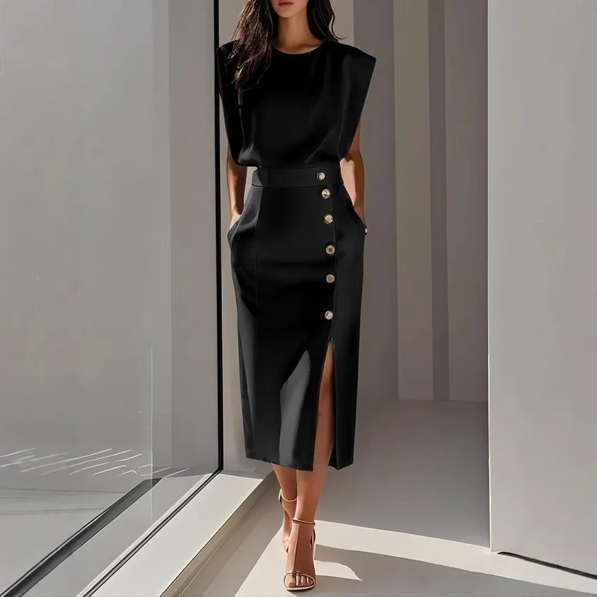 Fashion Office Solid Dress For Women Elegant O Neck Sleeveless Button High Waist Package Hip Dresses Robe Femme Holiday Clothes