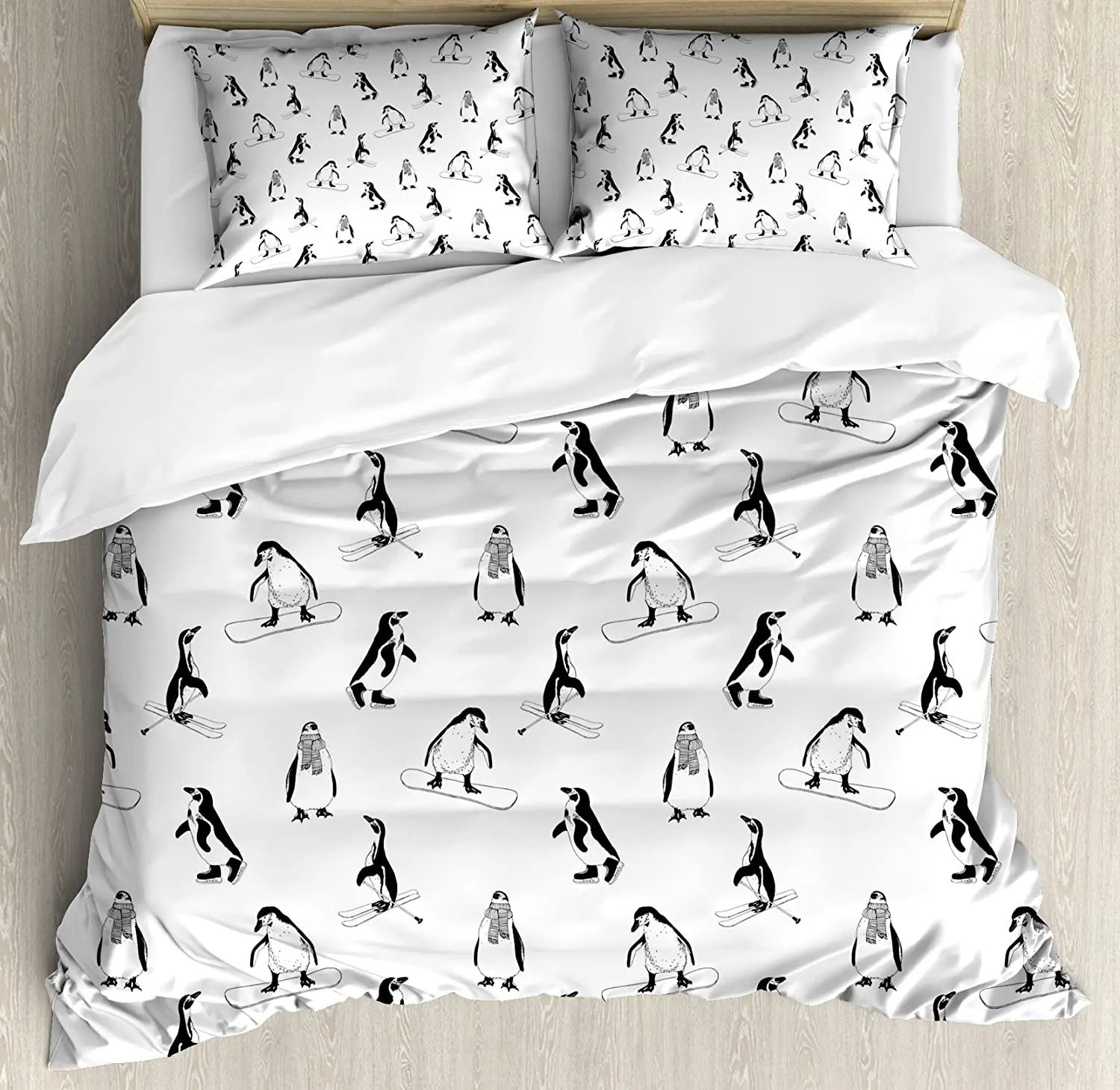 

Kids Bedding Set For Bedroom Bed Home Skiing Penguins on Snowboards Winter Sports Themed P Duvet Cover Quilt Cover Pillowcase