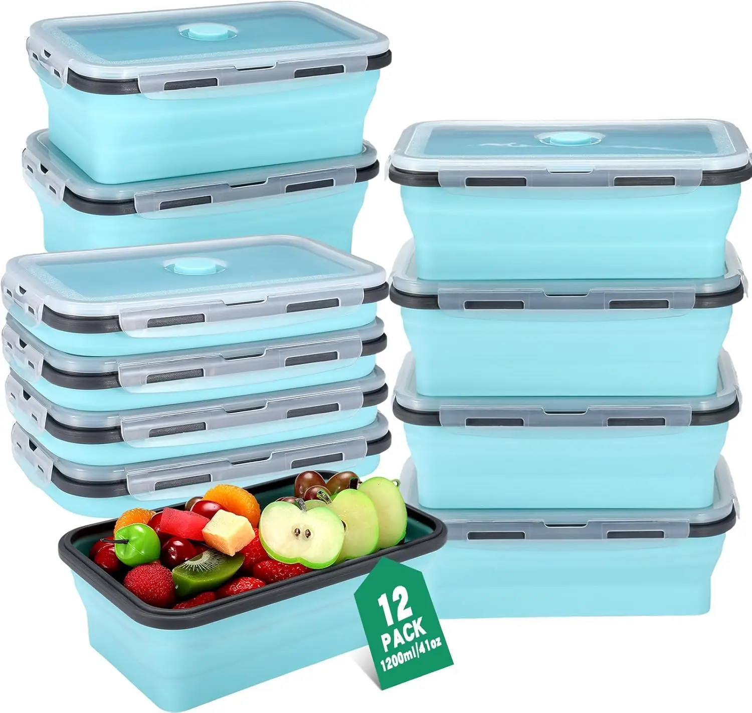 

12 Pcs Collapsible Food Container 41 oz Silicone Containers Square Collapsible Bowls with Lids RV Lunch Prep Food Collapsible B