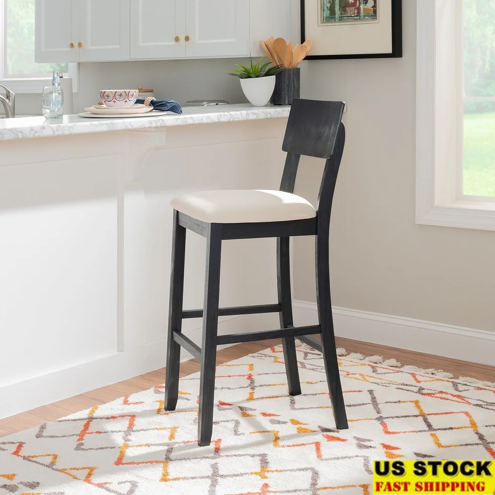 

Indoor Acacia Wood Bar Stool 31in Height Padded Seat Cushion Dark Charcoal Vintage Style Footrest Durable Comfortable Assembly