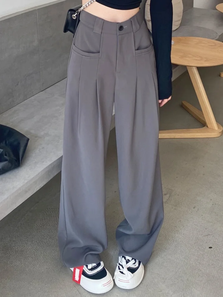 

Grey Elegant Y2k Wide Leg Pants Women Pockets Vintage Fashion Style Straight Pant Female High Waist Casual Loose Pants 2023 New