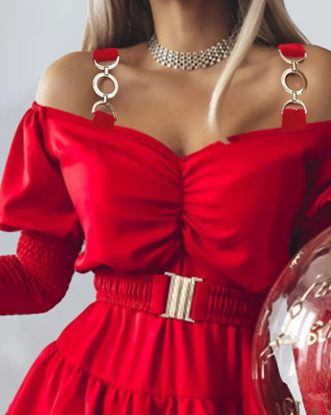 2023 Autumn Spring New Fashion Casual Elegant Evening Party Dresses Women Sexy Cold Shoulder Shirred Puff Sleeve Casual Dress