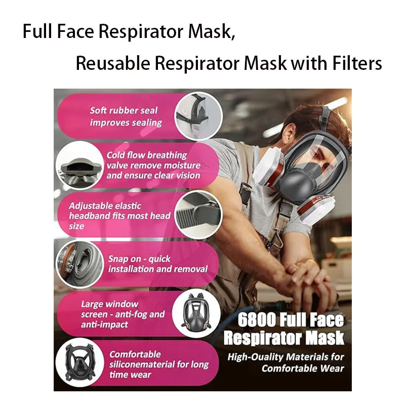 Reusable Respirator Gas Mask Full Facepiece Shield 6800 Face Cover with Filters for Dust Fumes Asbestos Chemicals