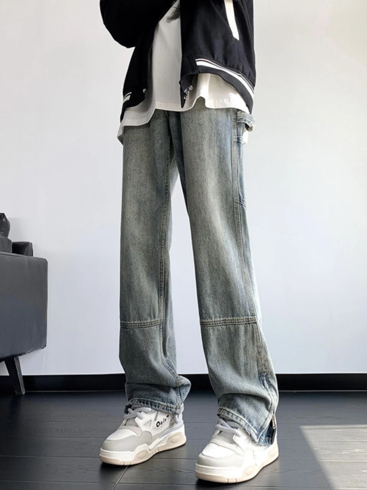 

Spring Autumn Men's Loose Straight Leg Jeans Hip Hop Sle Faded Waed Zipper Cuffed Jeans Trendy Casual Cotton Denim