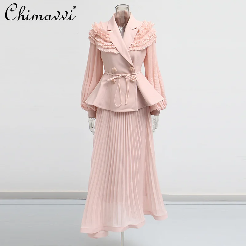 

Высококачественный элегантный женский костюм, осень 2021, новый модный дизайн, блейзер с длинными рукавами и застежкой на талии, юбка с высокой талией, комплект из двух предметов